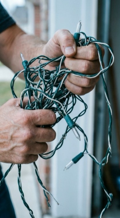 Tangled strands of holiday lights